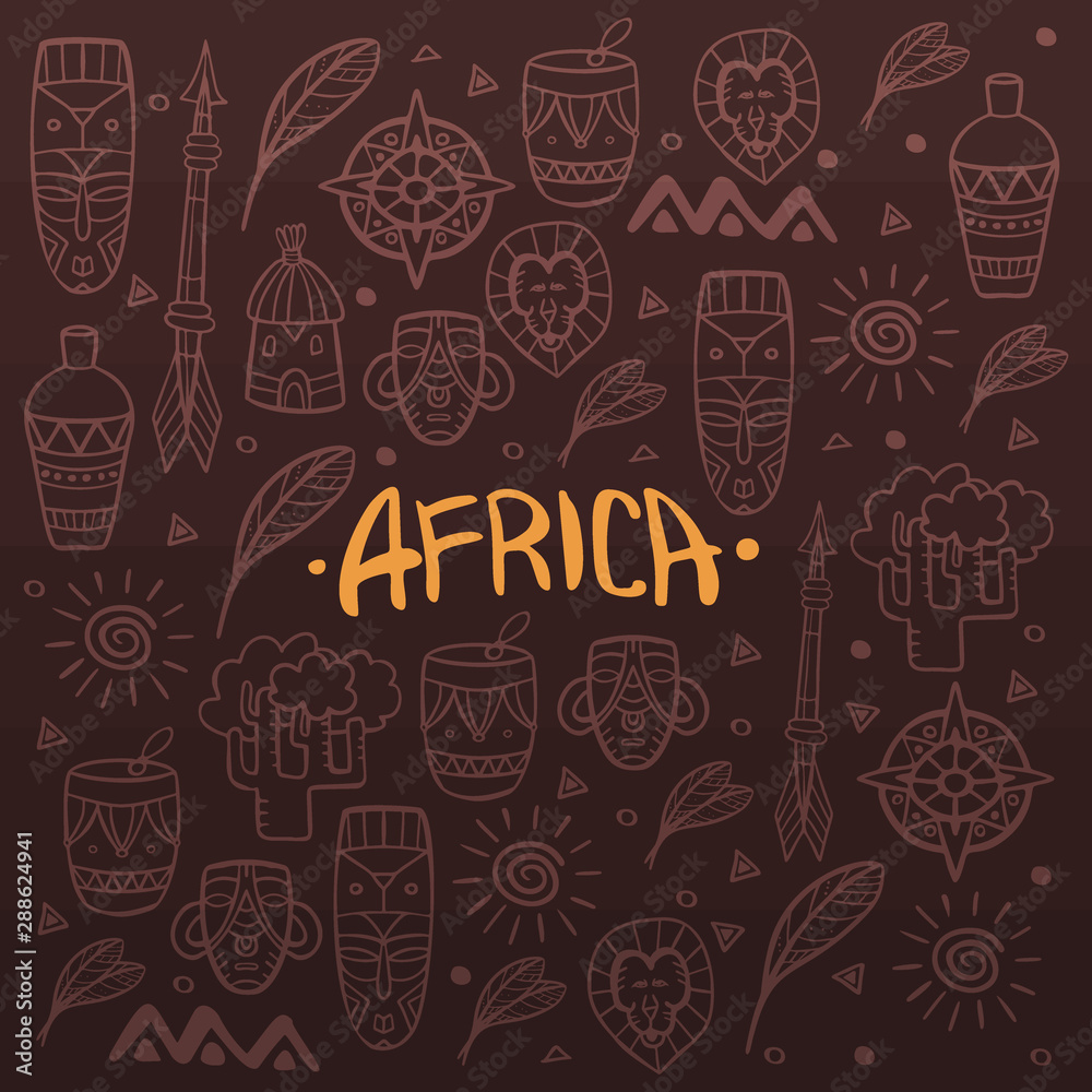 Hand draw doodles of Africa word. Colorful illustration. Background with lots of objects.