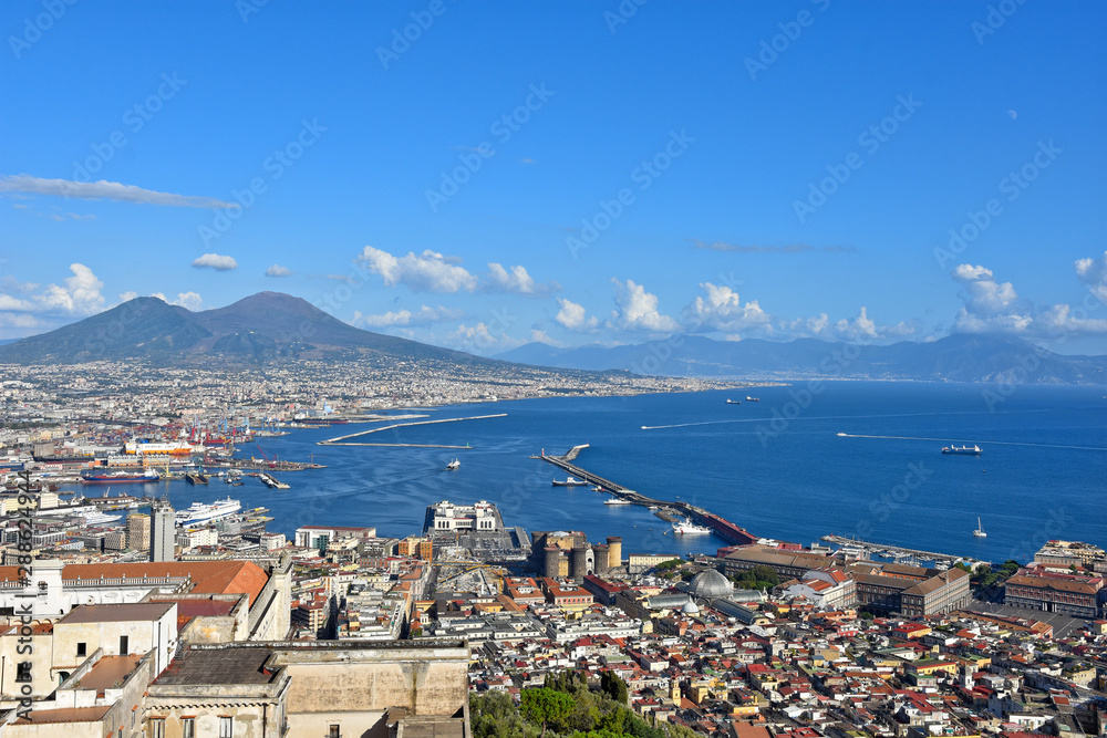 Panorama of the city of Naples from the top of a castle (Italy).
