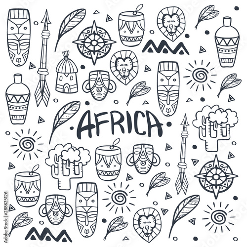 Hand draw doodles of Africa word. Colorful illustration. Background with lots of objects.