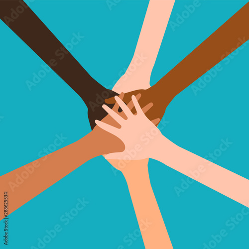 Hands of diverse group of people putting together isolated on white background. Vector illustration.