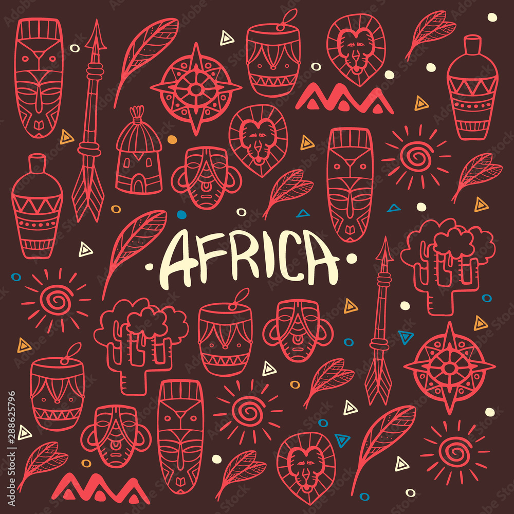 Naklejka premium Hand draw doodles of Africa word. Colorful illustration. Background with lots of objects.