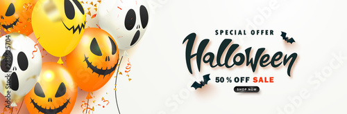 Halloween Sale Promotion Poster with scary balloons and paper bats on white background.Vector illustration for website , posters, ads, coupons, promotional material