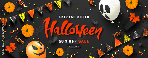 Halloween Sale Promotion Poster with scary balloons, paper bats,spiders, candy,coffin,pumpkin and serpentine on black background.Vector illustration for website ,ads, coupons, promotional material