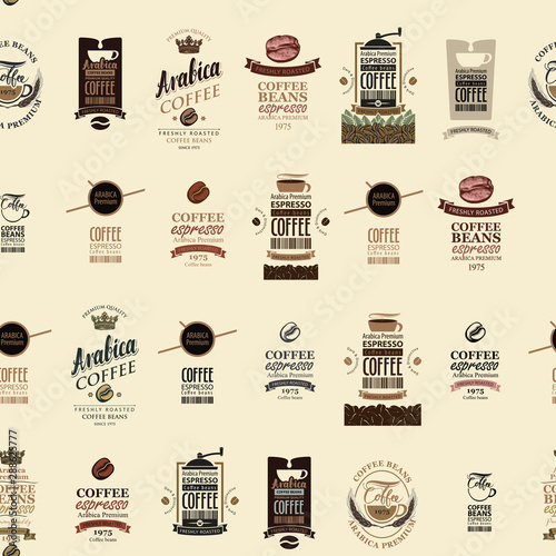 Vector seamless pattern on coffee and coffee house theme with various labels in retro style on the beige background. Suitable for wallpaper, wrapping paper, textile, fabric