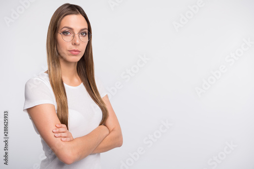 Wallpaper Mural Photo of strict lady with crossed arms waiting colleagues come in office wear specs and t-shirt isolated white background Torontodigital.ca