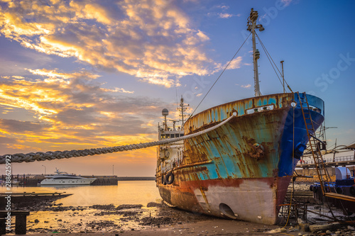 Abandoned broken ship at Zhuwei Fish Harbor