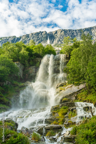 The beautiful waterfall Vinnufallet, flowing down a mountainside in Norway. The tallest waterfall in Europe and the sixth tallest in the world, 865m (2,838 ft)