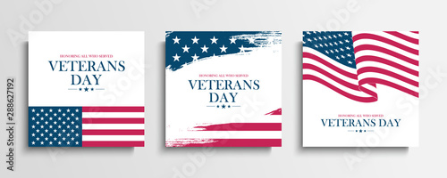 USA Veterans Day greeting cards set with United States national flag. Honoring all who served. United States national holiday vector illustration.