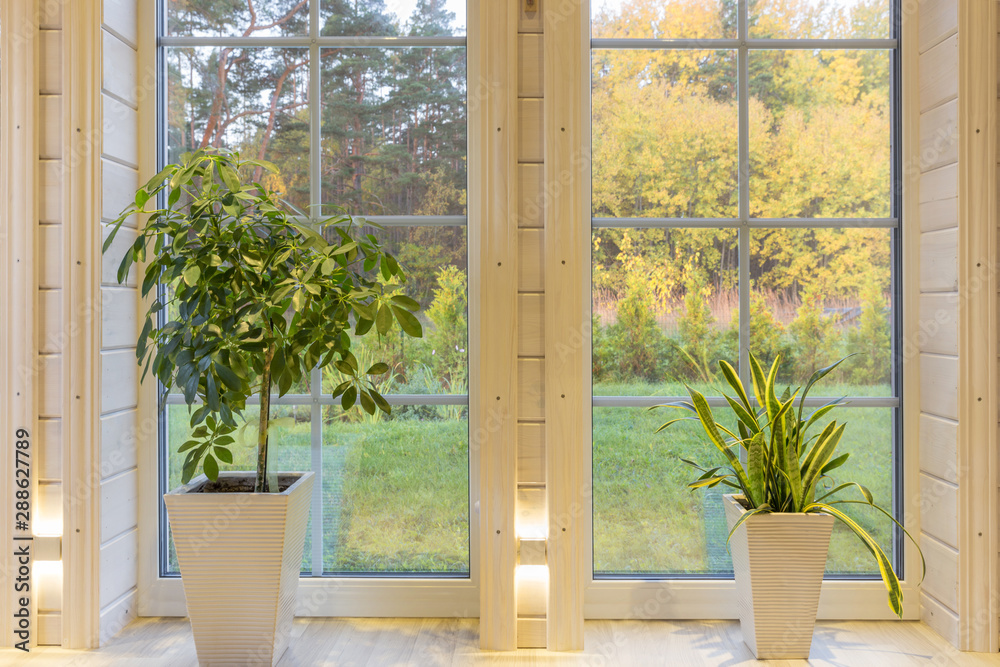 Bright photo studio interior with big window, high ceiling, white wooden floor Bright photo studio interior with big window, high ceiling, white wooden floor