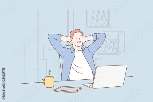 Freelance, passive income concept. Happy young boy or man working on laptop while sitting at his working place in office. Satisfied with work done. Simple flat vector.