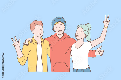 Friendship day, team, cooperation concept. Happy school friends or teens schoolmates hugging together. Young girl and guys raised their hands with peace sign. Simple flat vector.