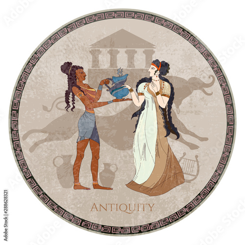 Minoan civilization. Ancient Greece frescos. Goddess and bull. Crete history. Heraklion. Knossos mythology