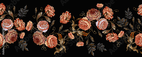 Embroidery vintage buds of roses on black background horizontal seamless pattern. Fashionable template for design of clothes, t-shirt design, tapestry flowers renaissance style photo