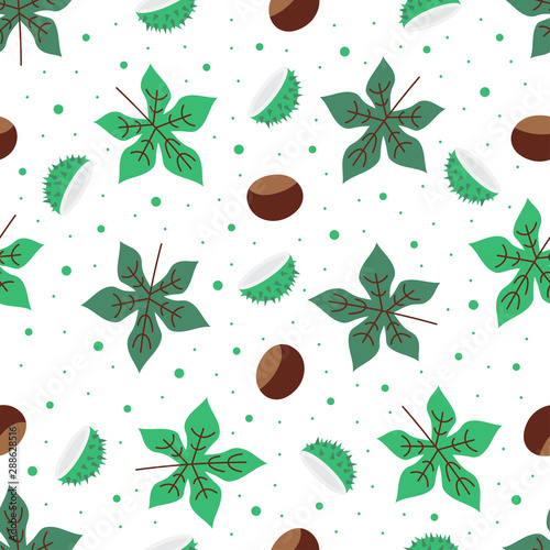 seamless pattern with green chestnut leaves and nuts