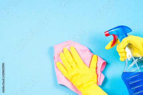 Cleaning concept on blue background.