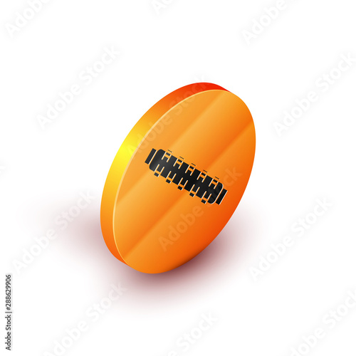 Isometric Hunting cartridge belt with cartridges icon isolated on white background. Bandolier sign. Hunter equipment, armament. Orange circle button. Vector Illustration