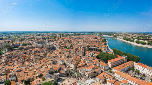 Panorama of ancient town Arles in Provence and Cote d'Azur, France, South Europe. Famous tourist destination with old Roman Artena