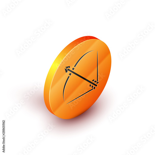 Isometric Bow and arrow in quiver icon isolated on white background. Orange circle button. Vector Illustration