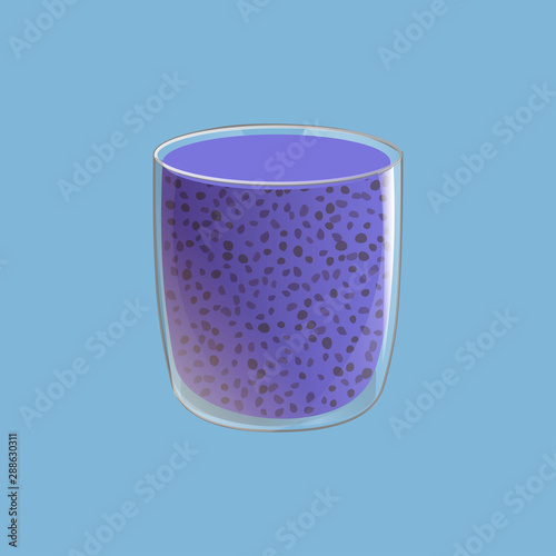 Chia seed pudding. Healthy vegan snack in glass. Vector illstration isolated on blue background.