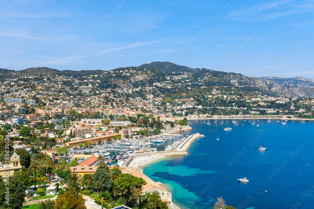 Landscape panoramic coast view between Nice and Monaco, Cote d'Azur, France, South Europe. Beautiful luxury resort of French riviera. Famous tourist destination with nice beach on Mediterranean sea