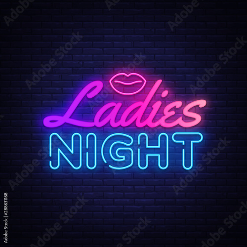 Ladies Night neon sign vector. Night Party Design template poster neon sign, light banner, nightly bright advertising, light inscription. Vector illustration
