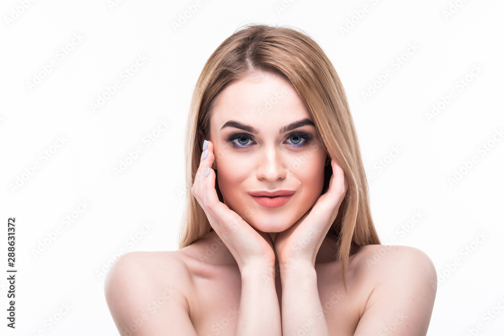 Close-up portrait of beautiful young woman with healthy clean skin touching her face on white background Close-up portrait of beautiful young woman with healthy clean skin touching her face on white background