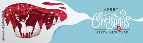 Merry Christmas and Happy New Year background Art paper and crafts for Greeting cards banner.Merry Christmas vector text Calligraphic Lettering Vector illustration.