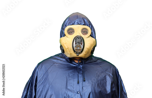 Man in the gas mask standing on white background. Radiation influence. Environmental pollution. Chernobyl concept. Dangerous nuclear power. © Vadym