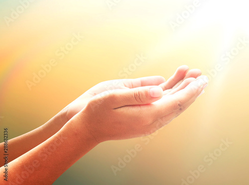 Fototapeta Thanksgiving concept: Mercy person open empty two hands and palm up for pray and