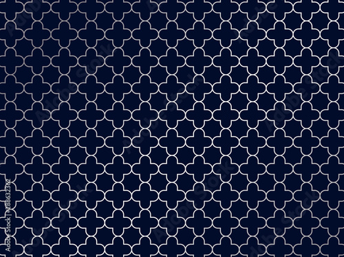 Abstract silver moroccan pattern on blue background.