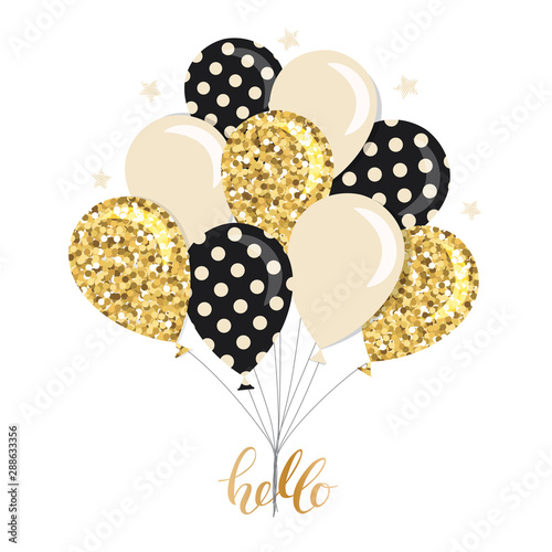 Glossy balloons bunch. Gold glitter, polka dots, beige colors. For birthday, baby shower or holidays design.