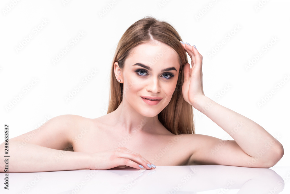 Obraz premium Beautiful woman face portrait beauty skin care concept. Fashion Beauty Model isolated on white