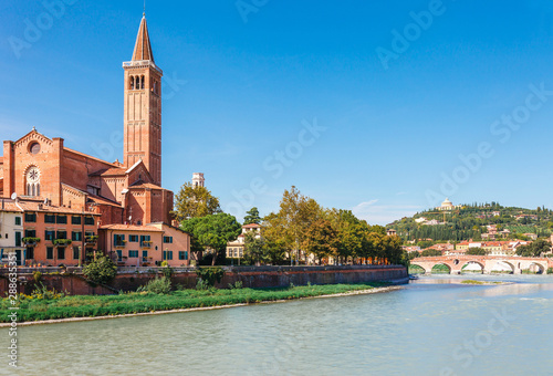 Panoramic cityscape aerial view on Verona historical center, bridge and Adige river. Famous travel destination in Italy. Old town where lived Romeo and Juliet from Shakespeare story