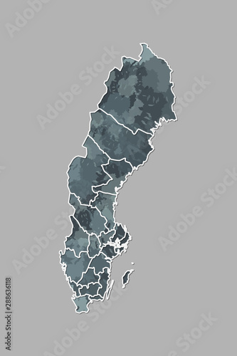 Sweden watercolor map vector illustration of black color with border lines of different regions or provinces on light background using paint brush in page