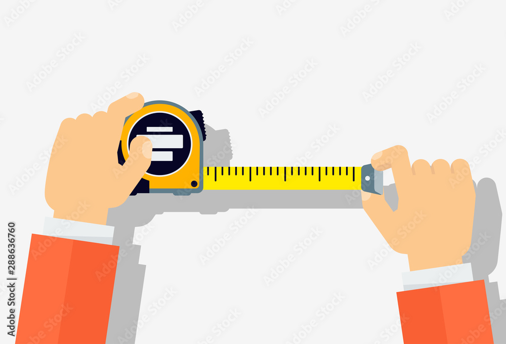 Measuring tape in the hands of a man. - obrazy, fototapety, plakaty 