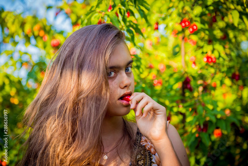 Portrait of a beautiful girl outdoor.  Girl eating dogwood. Autumn fruit harvest in the garden. Gardening, harvest of fruits and berries.