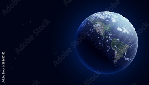 Pixelated Earth, 3D blocks planet, digital world abstract toy planet in space, aligned left. (Elements of this image furnished by NASA)