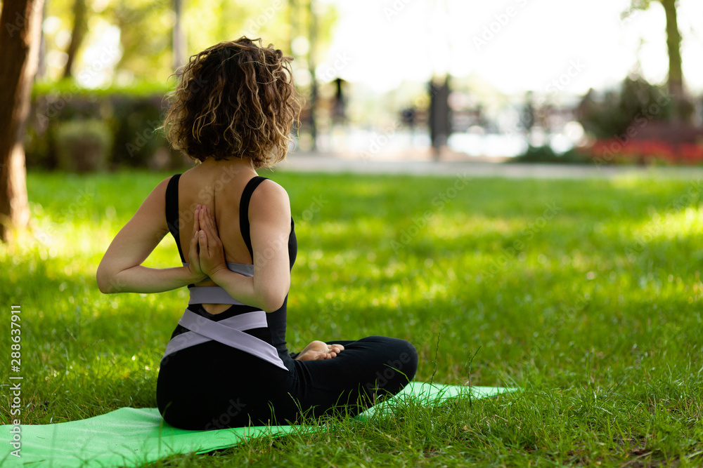 Beautiful young girl in park practices yoga and relaxes. Calm and tranquility. Beautiful young girl in park practices yoga and relaxes. Calm and tranquility.