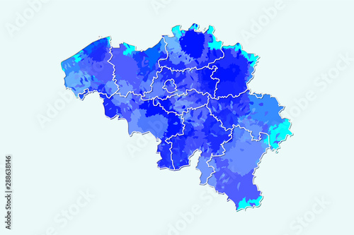 Belgium watercolor map vector illustration of blue color with border lines of different regions or provinces on light background using paint brush in page