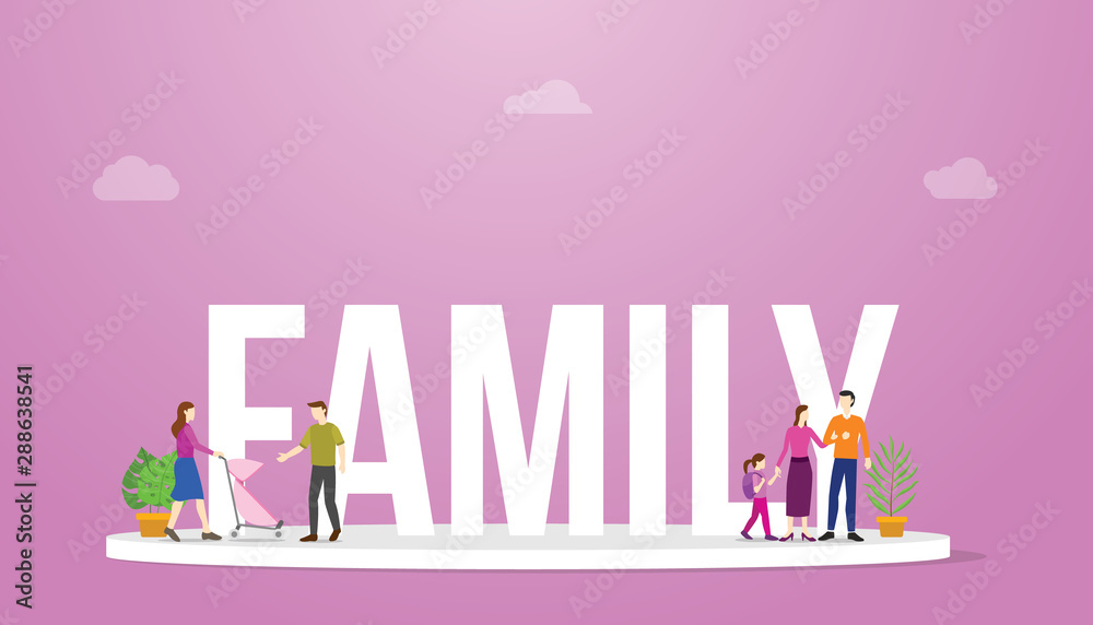 family big word with parents and child together with pink background and modern flat style - vector family big word with parents and child together with pink background and modern flat style - vector