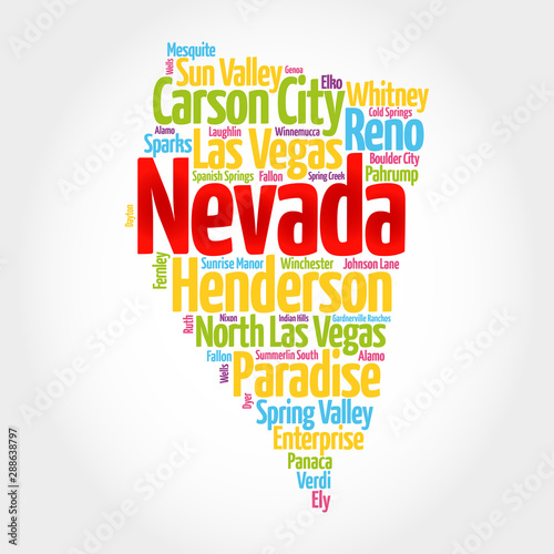 List of cities in Nevada USA state, map silhouette word cloud map concept