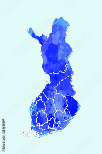 Finland watercolor map vector illustration of blue color with border lines of different regions or provinces on light background using paint brush in page