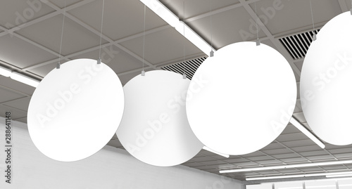 White Blank Banners Template. Circle Shape Hangers in Supermarket. 3D rendering