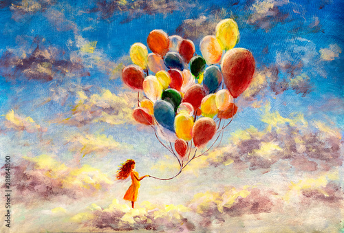 Moderm fantasy Painting happiness concept, positive emotions, happy girl with multicolored balloons enjoying on clouds in sky art contemporary