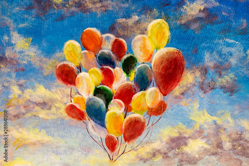 Fototapeta Ręcznie malowane Kolorowe balony przeciw błękitne niebo i chmury nowoczesny obraz olejny na płótnie