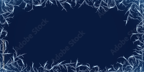 Winter frost ornament frame. Frozen glass with tangled ice crystals texture.