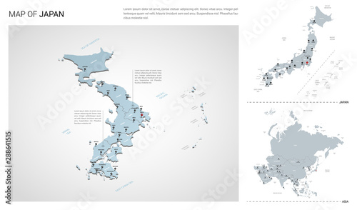 Vector set of Japan country.  Isometric 3d map, Japan map, Asia map - with region, state names and city names.