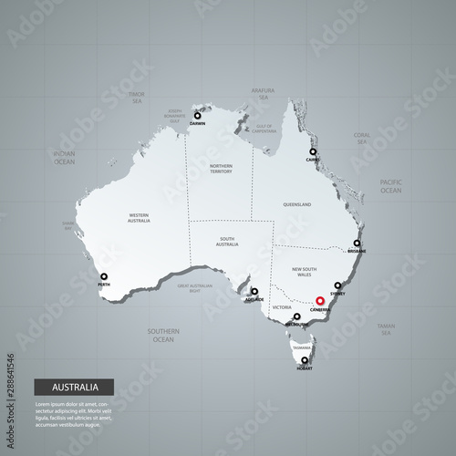 Vector illustration - administrative map of Australia with 3D style.  Map with regions, borders, names. World geography.