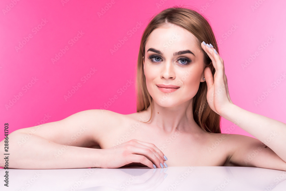 Beauty Woman. Beautiful Young Female Portrait isolated on pink Background. Healthcare. Perfect Skin. Beauty Face. Professional Makeup Beauty Woman. Beautiful Young Female Portrait isolated on pink Background. Healthcare. Perfect Skin. Beauty Face. Professional Makeup
