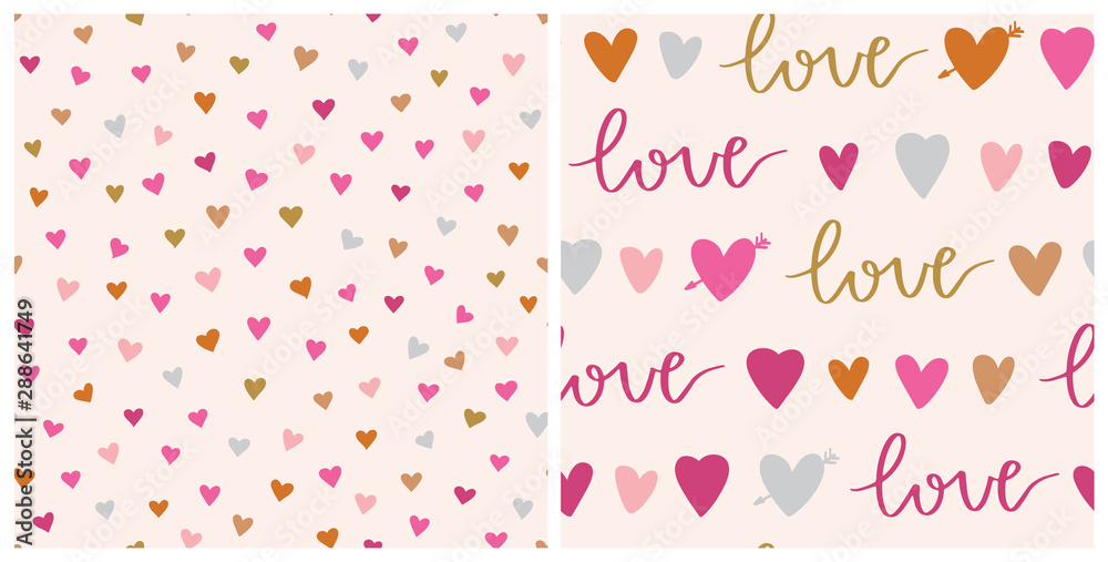 Set of Valentines day vector patterns. Seamless heart pattern and love phrase. Hand drawn abstract vector background. 